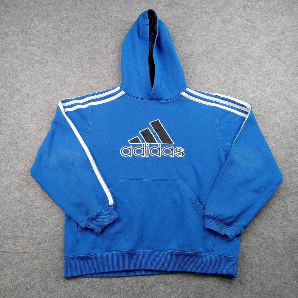 Adidas Hoodie Youth Medium Blue Pullover Sweatshirt 3 Stripes Logo Soccer